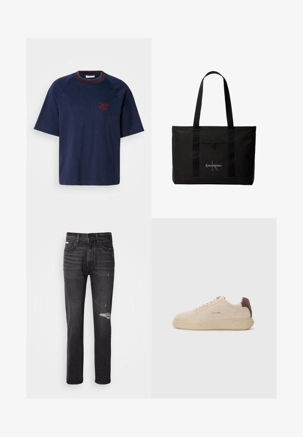 Marineblaue Baumwoll-T-Shirt mit kurzen Ärmeln, rundem Halsausschnitt und bordeauxroten Akzenten. Mit gesticktem "Calvin Klein"-Logo auf der linken Brust.; Schwarze Denim-Jeans mit gerade geschnittenem Bein, ausgefransten Details an den Knien, Fünf-Taschen-Stil und einem dezenten, ausgewaschenen Finish.; Beige Wildleder-Sneaker mit runder Spitze, Schnürung vorne und einem braunen Wildlederakzent an der Ferse. Verfügt über eine strukturierte Gummisohle.; Schwarze Calvin Klein Tote-Tasche mit zwei langen Griffen und Fronttasche, mit dem Markenlogo in Weiß und Grau.