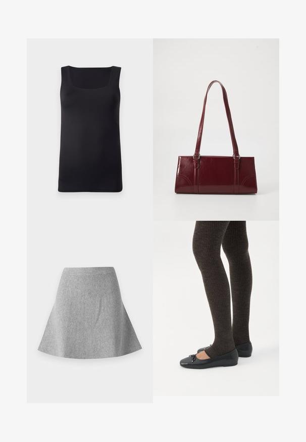 Débardeur noir sans manches avec un décolleté carré, fabriqué en tissu lisse, présentant une coupe ajustée et des bords nets, sans motifs ni accents visibles.; Jupe évasée en maille grise avec une finition texturée. Elle présente une taille élastique et une silhouette lisse, se rétrécissant vers l'ourlet.; Jambes portant des leggings côtelés foncés associés à des ballerines noires avec de petits détails en nœud sur fond blanc.; Sac à main bordeaux en matériau brillant, de forme rectangulaire, avec deux anses et des accents légèrement courbés à l'avant.