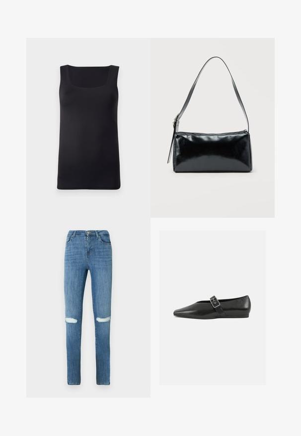 Débardeur noir sans manches avec un décolleté carré, fabriqué en tissu lisse, présentant une coupe ajustée et des bords nets, sans motifs ni accents visibles.; Jean denim bleu coupe skinny avec deux découpes déchirées aux genoux, fermeture par bouton et zip, et design classique à cinq poches.; Chaussure plate en cuir noir avec un orteil pointu, présentant une sangle à boucle métallique sur le cou-de-pied et une semelle basse et flexible.; Sac d'épaule rectangulaire noir avec une sangle réglable unique et une fermeture éclair supérieure sur un fond uni.
