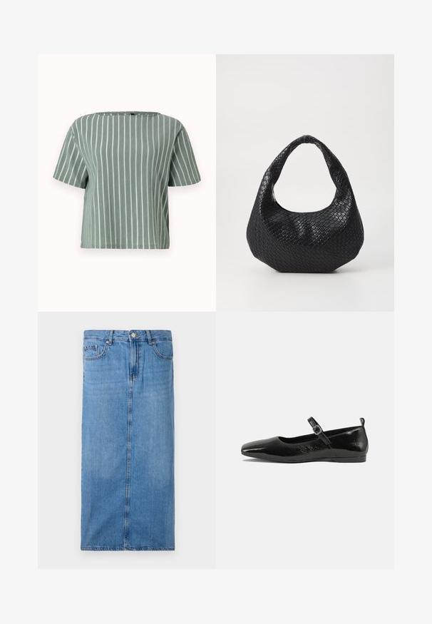 Lysegrøn stribet kortærmet bluse med firkantet udskæring. Lavet af tekstureret stof med lodrette hvide striber. Casual og boxy pasform.; Denim midi-nederdel i lyseblå, med en lige silhuet, front søm og standard talje med fem bæltesløjfer og metal knap lukning.; Sorte patentlæder flade sko med spidse tæer, en ankelrem med spænde og en glat, blank tekstur. Lav hæl for komfort.; Sort flettet håndtaske med et buet håndtag, der har en struktureret overflade og en afslappet form. Glat finish med en organisk silhuet.
