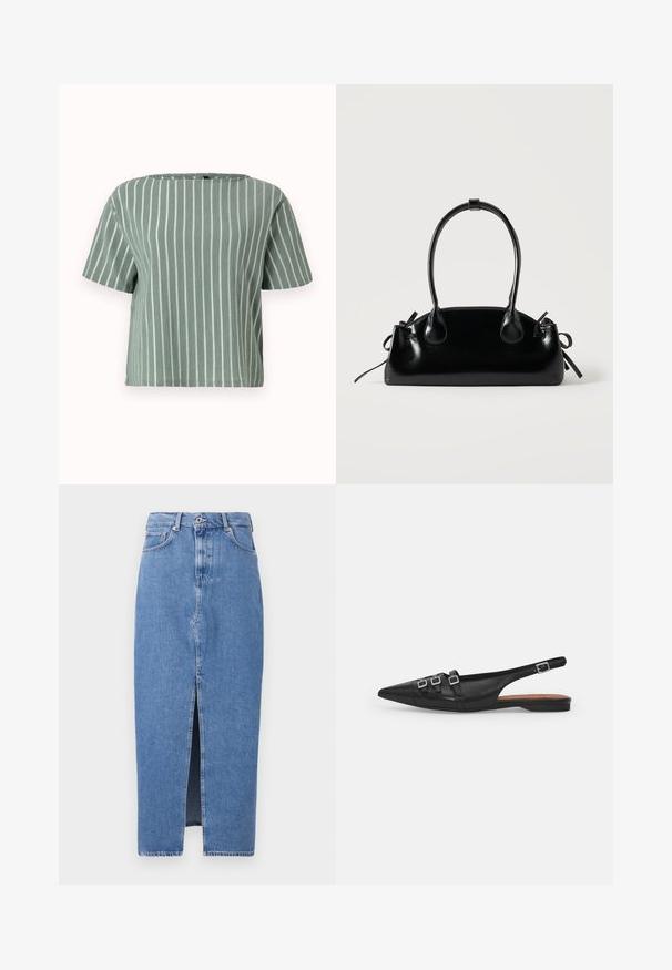 Lysegrøn stribet kortærmet bluse med firkantet udskæring. Lavet af tekstureret stof med lodrette hvide striber. Casual og boxy pasform.; Lyseblå denim midi-nederdel med en frontslids, klassisk fem-lomme design og lukning med topknap. Stoffet har en let struktur.; Sort læderslyngeflad sko med spids tå, der har to vandrette stropper og firkantede sølvspænder, lav hæl og glat tekstur.; Lille sort blank håndtaske med to lange håndtag og snøre-detaljer i siden på en ensfarvet lys baggrund.