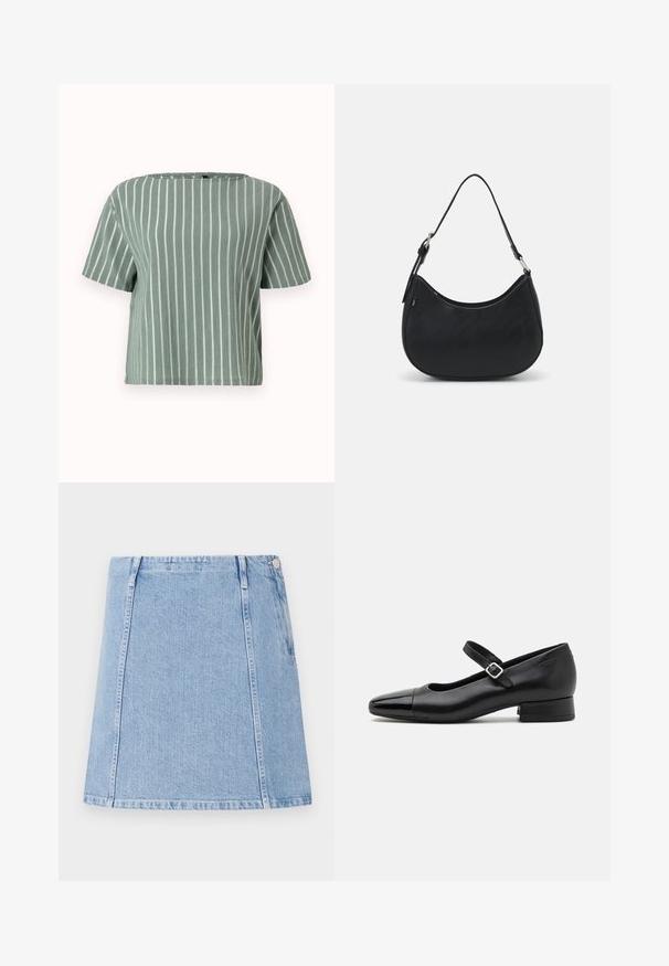 Haut à manches courtes rayé vert clair avec un décolleté carré. Fabriqué en tissu texturé avec des lignes blanches verticales. Coupe décontractée et ample.; Jupe en denim bleu clair avec une coupe droite, des détails de couture visibles et une poche latérale. Le matériau est texturé avec une finition douce.; Chaussures Mary Jane en cuir noir avec un embout en vernis, une sangle cheville réglable et un petit talon carré. Texture lisse et design élégant.; Sac hobo noir en cuir lisse avec une silhouette arrondie, doté d'une seule sangle ajustable et de détails de design minimalistes.