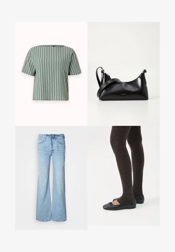 Lysegrøn stribet kortærmet bluse med firkantet udskæring. Lavet af tekstureret stof med lodrette hvide striber. Casual og boxy pasform.; Lyseblå jeans med flared ben, lavet af denim, med knapper foran, fem lommer og diskret falmet effekt.; Ben iført mørke ribbede leggings kombineret med sorte balletsko med små sløjfedetaljer på hvid baggrund.; Sort læderhåndtaske med en glat tekstur. Har en justerbar stropp og et enkelt, minimalistisk design med lynlås.
