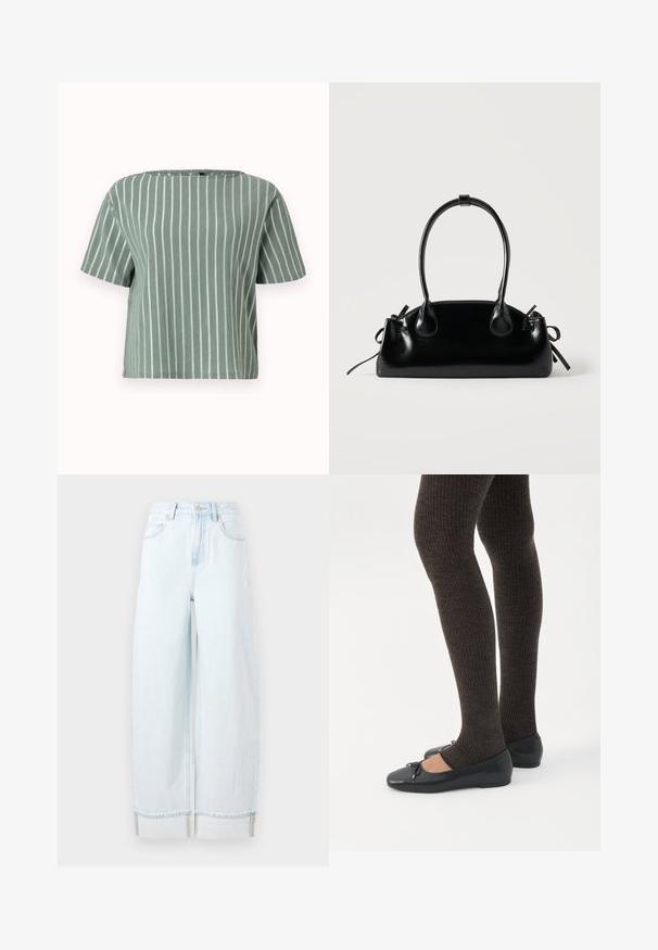 Lysegrøn stribet kortærmet bluse med firkantet udskæring. Lavet af tekstureret stof med lodrette hvide striber. Casual og boxy pasform.; Lyseblå vidde jeans lavet af denim, med høj talje, forlommer og en rullet kant med synlige syninger.; Ben iført mørke ribbede leggings kombineret med sorte balletsko med små sløjfedetaljer på hvid baggrund.; Lille sort blank håndtaske med to lange håndtag og snøre-detaljer i siden på en ensfarvet lys baggrund.