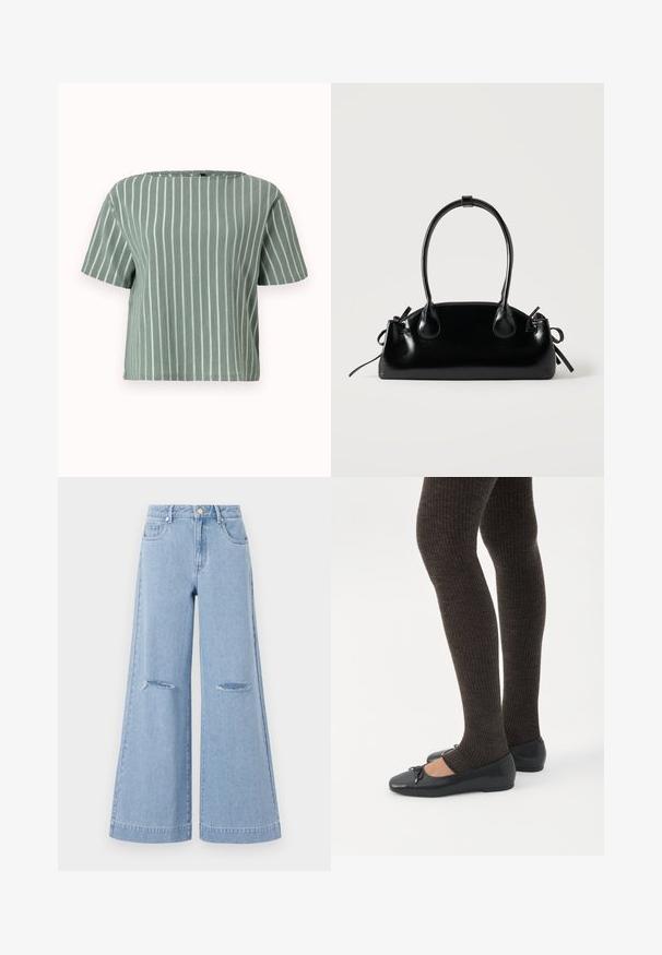 Haut à manches courtes rayé vert clair avec un décolleté carré. Fabriqué en tissu texturé avec des lignes blanches verticales. Coupe décontractée et ample.; Jeans taille haute bleu clair à jambes larges, dotés de deux poches avant et de deux détails de genoux déchirés, fabriqués en matériau denim.; Jambes portant des leggings côtelés foncés associés à des ballerines noires avec de petits détails en nœud sur fond blanc.; Petit sac à main noir brillant avec deux longues anses et des détails à cordon sur les côtés sur un fond clair uni.