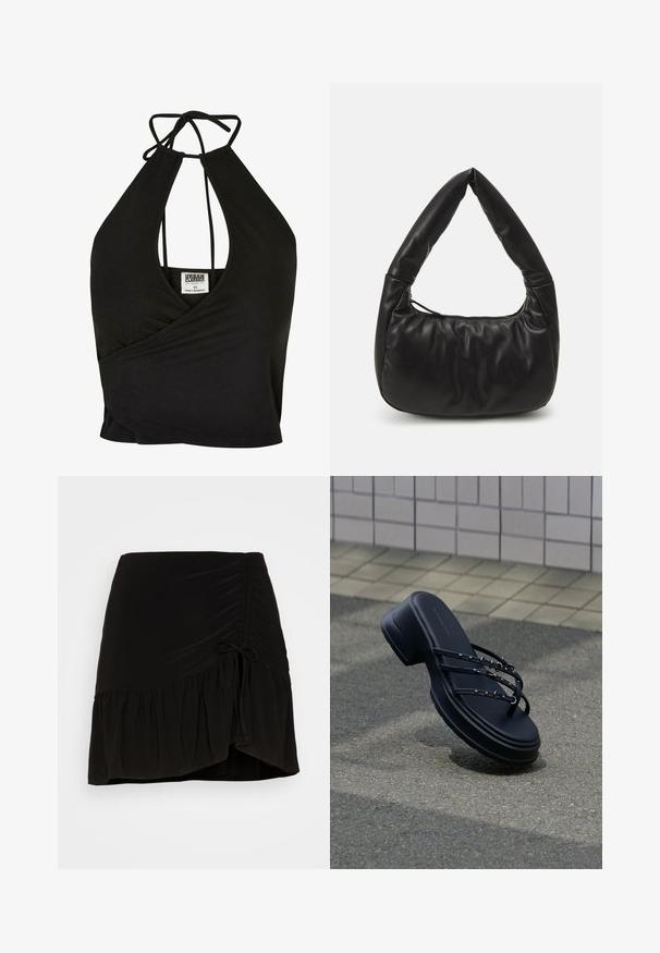 Top corto de cuello halter negro, hecho de una tela suave, con un escote en V profundo y un diseño envolvente. Se ata en la parte posterior para un ajuste ajustable.; Even&Odd Minifalda - black; Sandalia de plataforma negra con tres tiras delgadas y hebillas plateadas flotando sobre asfalto cerca de una pared de azulejos.; Bolso de hombro de cuero negro con un diseño holgado, que presenta un asa anudada distintiva y un cierre con cremallera. Textura suave en toda la superficie.