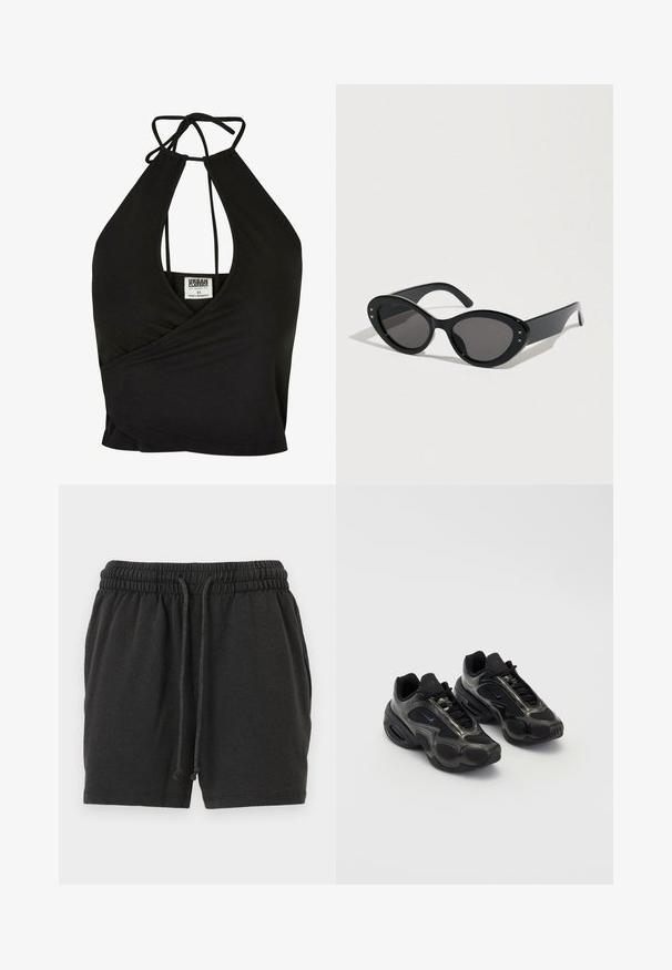 Top corto de cuello halter negro, hecho de una tela suave, con un escote en V profundo y un diseño envolvente. Se ata en la parte posterior para un ajuste ajustable.; Pantalones cortos con cintura elástica negra, cordones ajustables y bolsillos laterales, confeccionados con una tela suave y cómoda.; Zapatos deportivos negros con material sintético, acentos de malla y suelas redondeadas. Presenta un sistema de cordones y un destacado logo de Nike en la lengüeta.; Gafas de sol negras con una forma de ojo de gato sobredimensionada. Montura de plástico lisa con lentes oscuras y pequeños detalles de estrellas en los lados.