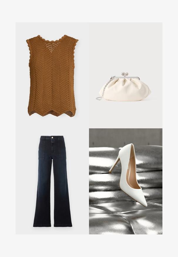 Top en tricot marron sans manches avec bords festonnés et motif en ajouré texturé, présenté sur fond blanc.; Jean bleu foncé taille haute, jambe large, avec poches plaquées devant, passants pour ceinture et fermeture par bouton sur fond uni clair.; Chaussure à talons hauts blanche avec un bout pointu, surface mate lisse et intérieur couleur chair, posée sur une surface métallique brillante.; Pochette en tissu crème avec un design froncé, cadre en métal argenté, deux boules décoratives, et une bandoulière chaîne argentée.