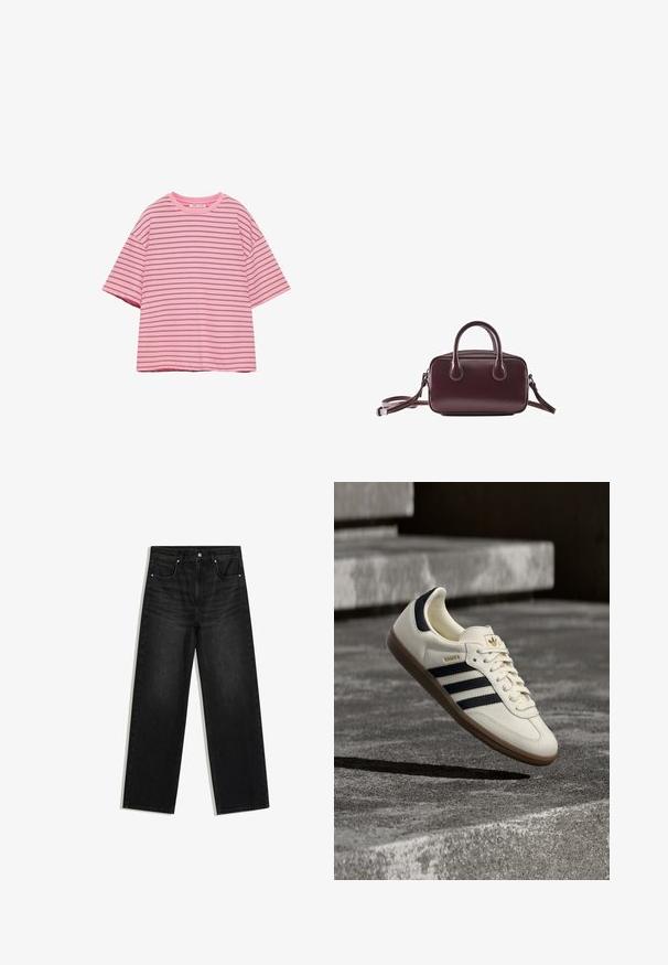 Roze T-shirt met korte mouwen, dunne horizontale zwarte strepen en een ronde halslijn op een witte achtergrond.; Zwarte rechte denim jeans met voorzakken, riemlussen en knoopsluiting, getoond tegen een witte achtergrond.; Witte Adidas Samba sneaker met zwarte strepen en gumzool, zwevend boven gestructureerde grijze betonnen treden.; Kleine donkerbruine leren handtas met dubbele handvatten en een afneembare schouderriem op een witte achtergrond.