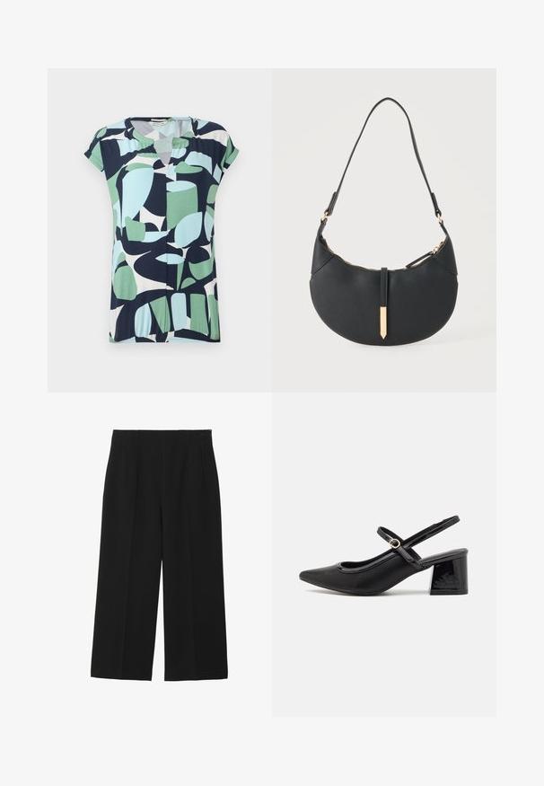 Haut à manches courtes et décolleté en V en bleu marine, vert menthe et bleu clair avec des motifs géométriques abstraits et un détail froncé à l'ourlet.; Pantalons larges noirs en tissu lisse, avec deux poches avant, un devant plat, et une fermeture éclair sur le côté.; Escarpins slingback en cuir verni noir avec un embout pointu, un design à découpes arrondies et un talon carré. Présente un accent de boucle en ton doré.; Sac à main noir en forme de croissant avec une bandoulière unique, une fermeture éclair dorée et une languette décorative rectangulaire dorée à l'avant.