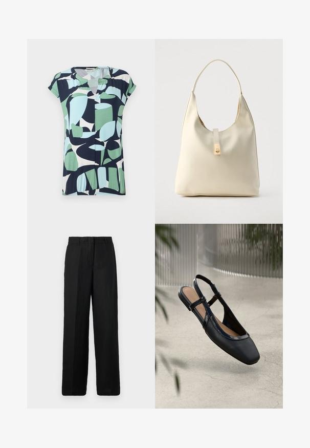 Haut à manches courtes et décolleté en V en bleu marine, vert menthe et bleu clair avec des motifs géométriques abstraits et un détail froncé à l'ourlet.; Pantalons larges noirs fabriqués à partir d'un tissu léger. Caractéristiques d'un devant plat avec passants de ceinture et poches latérales, offrant une coupe décontractée.; Chaussure plate slingback en cuir noir avec un orteil carré, dotée d'un fini verni brillant et de sangles ajustables pour un maintien sécurisé.; Sac hobo en cuir couleur crème avec une seule bandoulière, texture lisse et un détail de fermoir doré à l'avant.