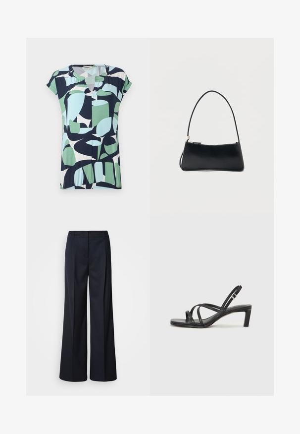 Haut à manches courtes et décolleté en V en bleu marine, vert menthe et bleu clair avec des motifs géométriques abstraits et un détail froncé à l'ourlet.; Pantalon à jambes larges bleu marine foncé, en tissu lisse. Il présente une ceinture cintrée et des plis devant, conçu pour une coupe décontractée.; Sandale noire à lanières avec un bout carré et un petit talon bloc. Elle présente plusieurs fines lanières et une sangle de cheville ajustable. Fabriquée en cuir lisse.; Sac à main rectangulaire noir avec une fine bandoulière et fermeture éclair, présenté sur un fond blanc uni.