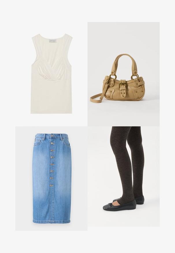 Top sans manches de couleur crème avec un col en V et des détails froncés sur les côtés, fabriqué en matériau doux et extensible. L'étiquette indique "ANNA FIELD."; Jupe midi en denim bleu avec une coupe droite, dotée d'une fermeture à boutons sur le devant, de cinq poches et d'un délavage pour une texture.; Jambes portant des leggings côtelés foncés associés à des ballerines noires avec de petits détails en nœud sur fond blanc.; Sac à main en cuir beige avec double poignées, boucle en laiton et détails rivetés, ainsi qu'une bandoulière réglable sur fond blanc.