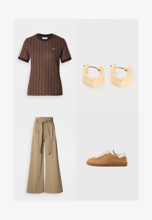 Braunes Kurzarm-T-Shirt mit einem geometrischen Muster in dunklerem Braun, einem gerippten Rundhalsausschnitt und kontrastierenden Schulterstreifen. Lacoste-Logo vorhanden.; Beige, weit geschnittene Hose mit hoher Taille, ausgestattet mit einem Bindegürtel und einem strukturierten Bund. Hergestellt aus Baumwolle mit glatter Oberfläche.; Brauner Ledersneaker mit cremefarbenem Schnürverschluss, strukturierter Oberfläche und weißem Fersenakzent mit Nietenverzierung. Gummisohle.; Ein Paar kleine geometrische Creolen aus goldfarbenem Metall mit kantigen Kanten und Steckverschluss auf einem hellen Hintergrund.