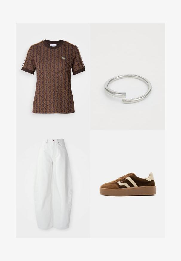 Braunes Kurzarm-T-Shirt mit einem geometrischen Muster in dunklerem Braun, einem gerippten Rundhalsausschnitt und kontrastierenden Schulterstreifen. Lacoste-Logo vorhanden.; Hochtaillierte weiße Denim-Hose mit lockerer Passform. Einfacher Knopfverschluss, seitliche Taschen und minimalistisches Design. Glatte Textur.; Brauner Wildleder-Sneaker mit beigen Streifen, beiger Fersenlasche, dicker Gummisohle und Schnürverschluss, Seitenansicht auf einfachem Hintergrund.; Calvin Klein SPIRAL - Armband - silver-coloured
