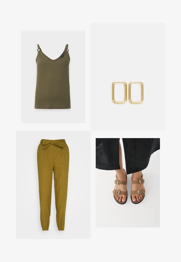 Khakigrøn ribbet tanktop med V-hals, tynde stropper og små metalringe, der forbinder stropperne til toppen, vist på en ensfarvet baggrund.; Thought HADLEY BELTED TROUSERS - Bukser - caper green; Fødder iført brune ruskindssandaler med sølvspænder, stående på en hvid overflade, med sorte bukser synlige over anklerne.; Guldmetalløshængere med firkantet form, glatte kanter og en poleret overflade, der reflekterer lys med en blank finish.