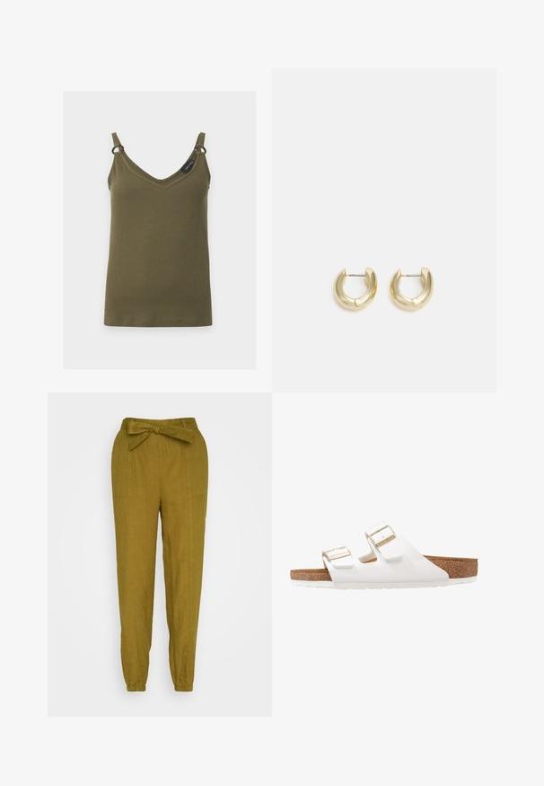 Kakigroene geribde tanktop met V-hals, dunne bandjes en kleine metalen ringen die de bandjes aan de top verbinden, getoond tegen een effen achtergrond.; Thought HADLEY BELTED TROUSERS - Broek - caper green; Witte rubberen sandalen met twee verstelbare banden, gouden gespen en een bruine kurken voetbed. Gestructureerde zool voor grip, minimalistisch ontwerp.; Gouden hoepeloorbellen met een gladde, gepolijste afwerking. Beschikken over een halve cirkelvorm en een veilige postsluiting.
