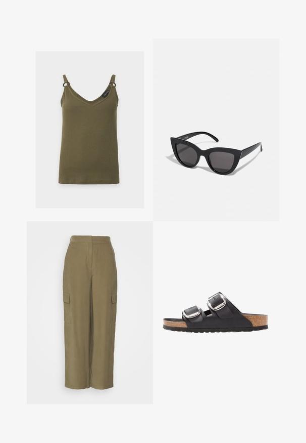 Khakigrøn ribbet tanktop med V-hals, tynde stropper og små metalringe, der forbinder stropperne til toppen, vist på en ensfarvet baggrund.; Selected SLFEMBERLY PANT - Bukser - dusky green; Sort sandal med to justerbare remme, sølvspænder og en korksål på en struktureret sort gummisål.; Sorte cat-eye solbriller med mat finish, der har grå tonede linser, skarpe vinkler og slanke sidearme. Mærkenavnet er synligt på den indre arm.