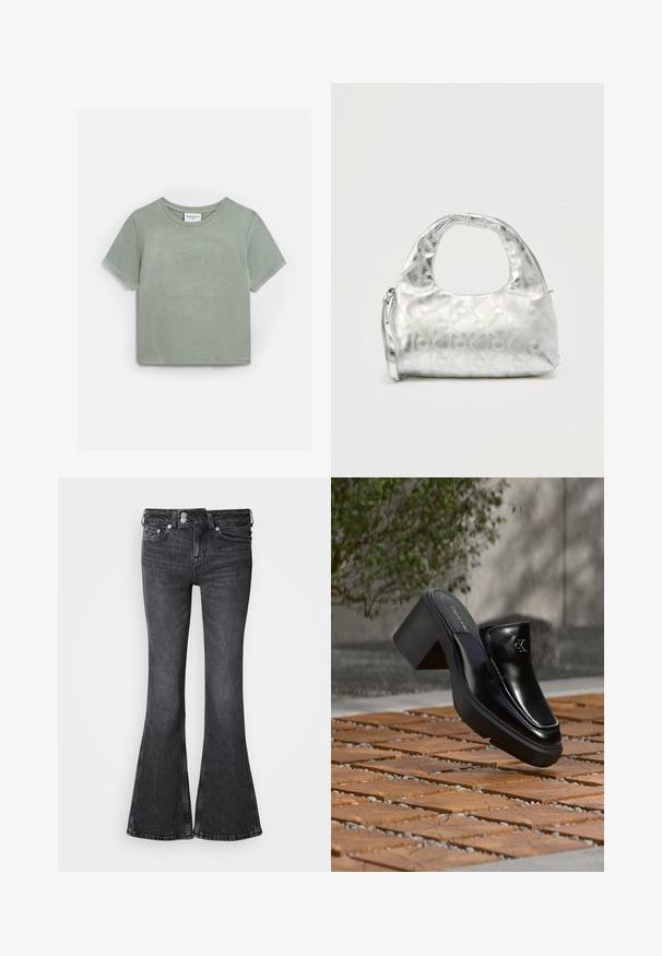Lysegrøn bomuld T-shirt med korte ærmer, med "Juicy" broderet i rhinsten på tværs af brystet. Klassisk rund halsudskæring.; Sorte jeans med vidde, lavet af denim, med talje i midten, fem lommer og en syet kant. Dekorativt logo på bageste linning.; Sort læder Calvin Klein slip-on mule med blokhæl, der hviler på trætøj udendørs nær en grøn plante og en grå væg.; Sølvhåndtaske med et struktureret mønster af geometriske former og cirkler, der har et afrundet håndtag og en aftagelig rem.