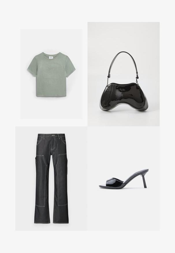 Svetlozelené bavlnené tričko s krátkym rukávom, na prednej strane má vyšívaný nápis "Juicy" z kryštálikov. Klasický okrúhly výstrih.; Tmavé deninové cargo nohavice s bielym kontrastným prešívaním, obsahujúce niekoľko vreciek a rozšírený strih nohavíc. Odolná látka a kovové zapínanie na gombík.; Čierne lakované kožené sandále na podpätku s otvorenou špičkou, s výrazným zakriveným horným dizajnom a štíhlym ihlovým podpätkom. Hladký lesklý povrch.; Čierna lakovaná kožená kabelka s jedinečným zakriveným tvarom, krátkym nastaviteľným popruhom a zipsom na vrchu. Hladká textúra s jemným brandingom.
