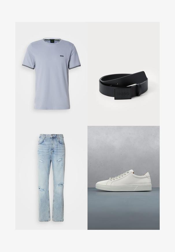 Hellblaues Baumwoll-T-Shirt mit Rundhalsausschnitt, kurzen Ärmeln und schwarz-weißen gestreiften Akzenten an den Manschetten, das ein kleines gesticktes Logo enthält.; Hellblaue Jeans mit legerer Passform, featuring distressed Stellen und fransigen Kanten. Der Stoff hat eine weiche, glatte Textur.; Weißes Leder-Sneaker mit abgerundetem Zehenbereich, minimalistisches Design, graue Schnürsenkel und einer strukturierten grauen Gummisohle. Dezente Nähte sichtbar.; Schwarzer synthetischer Gürtel mit glatter Textur, ausgestattet mit einer rechteckigen schwarzen Schnalle, die mit "HUGO" geprägt ist, sowie roten Nähten als Akzent.