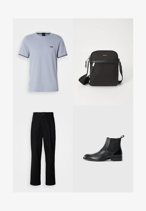 T-shirt en coton bleu clair avec un col rond, des manches courtes et des accents rayés noir et blanc au niveau des poignets, arborant un petit logo brodé.; Pantalons noirs à jambes droites avec une taille à bouton, passants de ceinture et pli avant, présentés sur un fond blanc uni.; Bottine en cuir noir avec des panneaux latéraux élastiques, bout rond et tirette. Texture lisse, semelle plate, design minimaliste.; Sac bandoulière noir en tissu texturé, avec un logo sur le devant, fermeture éclair et une bandoulière réglable. Finitions en cuir lisse.