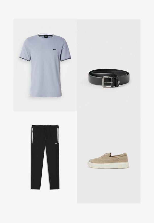 Lys blå bomulds t-shirt med rund hals, korte ærmer og sort-hvide striber på manchetterne, med et lille broderet logo.; Sorte slim-fit joggingbukser med snøre i taljen, lynlåslommer på siden med hvide stribe-accenter og lille "BOSS" logo på højre lår.; Beige ruskindsneaker med hvid tyk sål, snørebånd foran, perforerede detaljer og "Armani Exchange" branding på siden.; Sort læderbælte med en skinnende sølvfarvet metalspænde, glat tekstur og syninger langs kanterne. Har en løkke til at sikre bæltets ende.