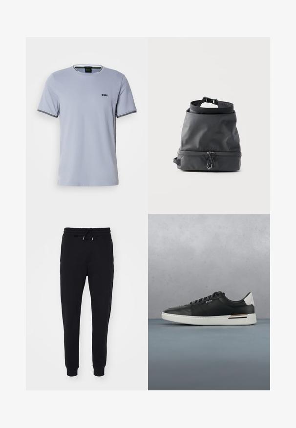 Lichtblauw katoenen t-shirt met ronde hals, korte mouwen en zwart-wit gestreepte accenten op de manchetten, met een klein geborduurd logo.; Zwarte joggingsbroek van zacht materiaal, met een elastische tailleband met ronde koord, zijzakken en tapse boorden bij de enkels.; Zwarte leren sneaker met witte zool, voorzien van perforaties, vetersluiting, logo aan de zijkant en contrasterend hieldetail in wit en bruin.; Zwarte BOSS rolltop rugzak met voorvak met rits en verstelbare band, afgebeeld tegen een eenvoudige lichte achtergrond.