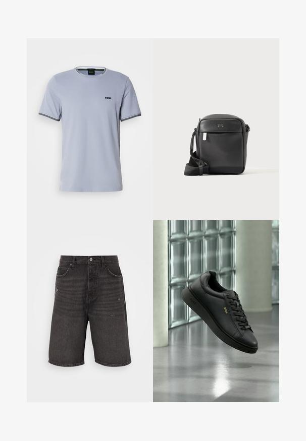 T-shirt en coton bleu clair avec un col rond, des manches courtes et des accents rayés noir et blanc au niveau des poignets, arborant un petit logo brodé.; Shorts en denim noir avec une coupe décontractée, dotés de poches avant, d'une texture vieilli et d'une taille classique avec une fermeture à bouton unique.; Basket BOSS en cuir noir avec lacets flottant en intérieur devant un mur en blocs de verre et un sol en béton.; Sac bandoulière en cuir noir texturé avec poche avant et sangle réglable, présenté sur un fond clair uni.