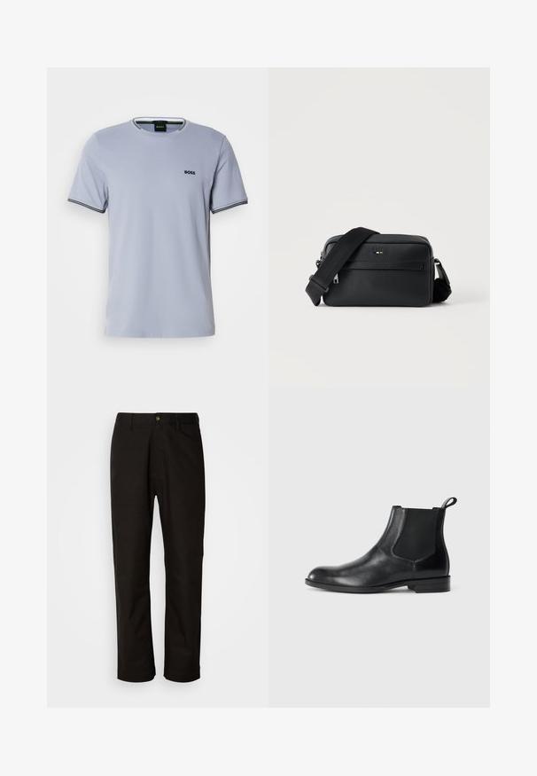 T-shirt en coton bleu clair avec un col rond, des manches courtes et des accents rayés noir et blanc au niveau des poignets, arborant un petit logo brodé.; Pantalon en coton noir avec une coupe droite, des passants de ceinture, une fermeture éclair à l'avant et un seul bouton. Texture lisse sans motifs visibles.; Bottine en cuir noir avec des panneaux latéraux élastiques, bout rond et tirette. Texture lisse, semelle plate, design minimaliste.; Sac bandoulière en cuir noir texturé avec poche avant zippée et bandoulière large en tissu réglable sur fond blanc.