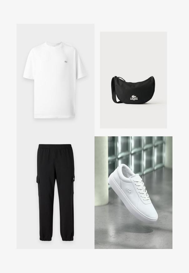 T-shirt en coton blanc avec col rond et manches courtes. Présente un petit logo lacoste noir sur le côté gauche de la poitrine.; Pantalons de jogging noirs avec une ceinture élastique, des poignets fuselés et des poches cargo latérales. Fabriqué en matériau doux avec une texture lisse.; Baskets basses blanches avec un design à lacets et un logo crocodile en relief, positionnées au-dessus d'un sol gris poli avec un mur en blocs de verre en arrière-plan.; Sac à épaule noir Lacoste avec forme incurvée, bandoulière réglable et logo crocodile blanc embossé au-dessus du nom de la marque à l'avant.