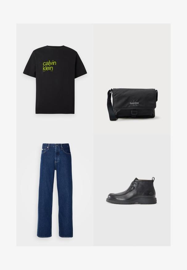 Camiseta de algodón negra con texto amarillo que dice "calvin klein" y "nueva york desde 1968" en una fuente moderna y audaz. Mangas cortas.; Vaqueros de mezclilla azul oscuro con un diseño de pierna ancha, que presentan un cierre de botón y el clásico estilo de cinco bolsillos. La tela tiene una textura suave.; Botas de cuero negras hasta el tobillo con punta redondeada, diseño con cordones y una lengüeta en la parte trasera. Parte superior texturizada y suela de goma.; Bolso mensajero negro hecho de tela duradera, con cierre de solapa, hebilla frontal y logo de Calvin Klein en plata. Incluye correa ajustable.