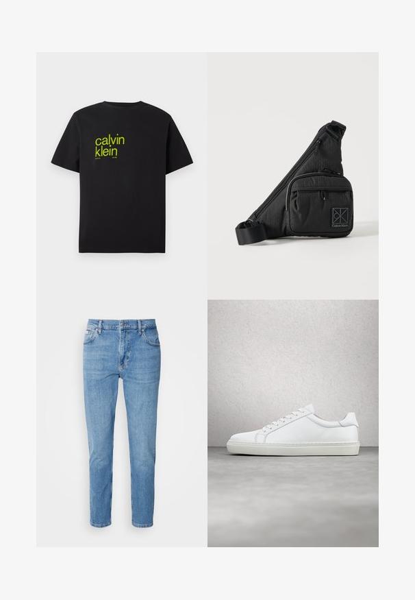 Camiseta de algodón negra con texto amarillo que dice "calvin klein" y "nueva york desde 1968" en una fuente moderna y audaz. Mangas cortas.; Vaqueros de mezclilla azul claro con corte recto, diseño de cinco bolsillos y un sutil desgastado. Presentan un cierre de botón y pasadores para cinturón.; Zapatilla blanca con parte superior de cuero liso y perfil bajo. Presenta una puntera redondeada, seis ojales y una suela de goma texturizada.; Bolso bandolera negro de Calvin Klein con correa ajustable, bolsillo frontal con cremallera y sutil estampado de logo sobre un fondo liso.
