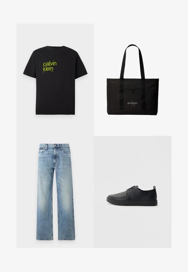 Sort bomulds t-shirt med gul tekst, der står "calvin klein" og "new york city since 1968" i en moderne, fed skrifttype. Korte ærmer.; Lyseblå denim jeans med lige ben, højt talje, fem lommer, knaplukning og diskrete falmede områder på lår og knæ.; Sorte lædersneakers med en glat finish, rund tå, tonalt syning, snøring foran og en flad gummisål. Løkke ved hælen.; Sort Calvin Klein tote taske med to lange håndtag og lomme foran, med mærkets logo i hvid og grå.