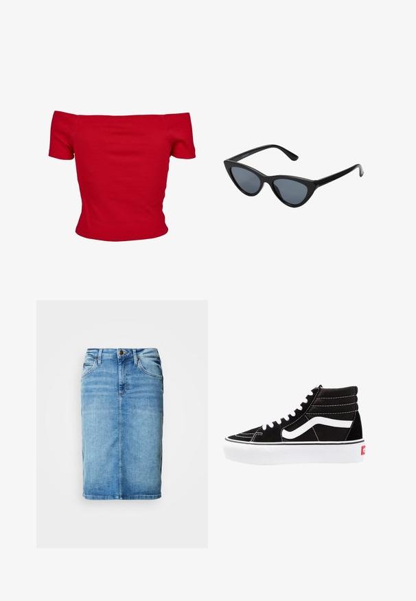 Rød off-shoulder top lavet af ribbet stof, med korte ærmer og tætsiddende design. Glat tekstur, ensfarvet uden mønstre.; Lyseblå denim nederdel til knælængde med forlommer, knaplukning, bæltestropper og diskrete falmede detaljer.; Sorte høj-top sneakers med hvide snørebånd, et hvidt logo og kontrasterende hvid syning. Har en tyk hvid sål og struktureret ruskindsoverdel.; Sorte katteøje solbriller med mørkegrå linser, slankt plastisk stel, spidse hjørner og lige stænger. Ingen synlig hardware eller dekorationer.