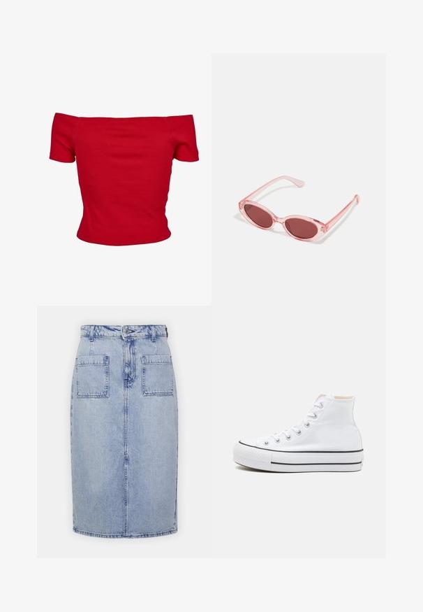 Rød off-shoulder top lavet af ribbet stof, med korte ærmer og tætsiddende design. Glat tekstur, ensfarvet uden mønstre.; Denim nederdel i lys blå farve, lige snit, frontknaplukning og to baglommer med synlige syninger.; Hvide høj-top sneakers lavet af kanvasmateriale, sort gummisål og kontrasterende sort stribe på mellemsålen. Rund tåhætte og snørebåndsdesign.; Lyserøde transparente solbriller med ovale linser, mørkerød toning og slanke stænger, der har en glat overflade og diskret detaljering på rammen.