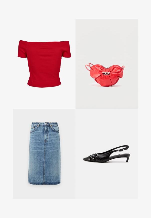 Haut rouge à épaules dénudées en tissu côtelé, avec des manches courtes et une coupe ajustée. Texture lisse, couleur unie sans motifs.; Jupe en denim bleu clair. Présente une silhouette droite, cinq poches et une fermeture à boutons avec passants de ceinture. Accents de texture usée.; Chaussure slingback en cuir noir avec bout pointu, trois boucles argentées à l'avant et petit talon kitten sur fond blanc.; Sac à main en cuir rouge en forme de cœur, design froncé, fermeture éclair argentée et grand logo métallique en avant.