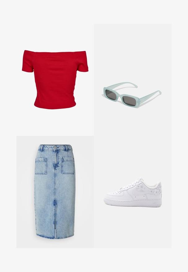 Rød off-shoulder top lavet af ribbet stof, med korte ærmer og tætsiddende design. Glat tekstur, ensfarvet uden mønstre.; Lysblå denim midi-nederdel med to baglommer, frontknaplukning og lige snit, prydet med en falmet tekstur og syningsdetaljer.; Hvid lavtop sneaker med perforeret tå, Nike swoosh og dekorative hvide blomsterdetaljer på hælen og siden.; Et par rektangulære solbriller med lyseblå gennemsigtige stel og mørkegrå linser, der har lige templer og minimale hardware detaljer.