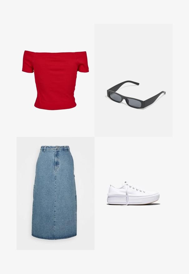 Haut rouge à épaules dénudées en tissu côtelé, avec des manches courtes et une coupe ajustée. Texture lisse, couleur unie sans motifs.; Obey Clothing JUNIPER MIDI SKIRT - Jupe trapèze - stonewash indigo; Baskets basses blanches en toile avec semelle plateforme épaisse, lacets sur le devant et embout en caoutchouc texturé, vues de profil.; Lunettes de soleil noires rectangulaires avec des verres foncés et des montures en mat épais. Les branches sont légèrement effilées avec une texture lisse.