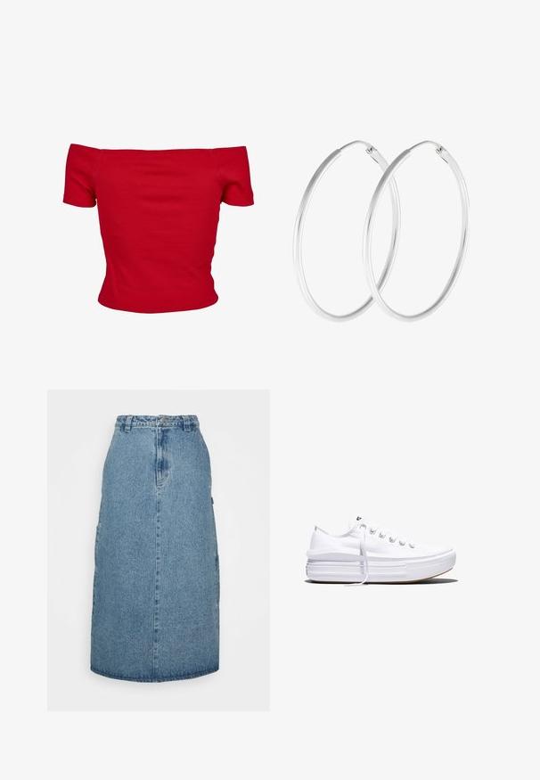 Haut rouge à épaules dénudées en tissu côtelé, avec des manches courtes et une coupe ajustée. Texture lisse, couleur unie sans motifs.; Obey Clothing JUNIPER MIDI SKIRT - Jupe trapèze - stonewash indigo; Baskets basses blanches en toile avec semelle plateforme épaisse, lacets sur le devant et embout en caoutchouc texturé, vues de profil.; Boucles d'oreilles en argent, de forme ronde lisse et finition polie. Les deux boucles d'oreilles sont de la même taille et disposent d'un mécanisme de fermeture sécurisé.