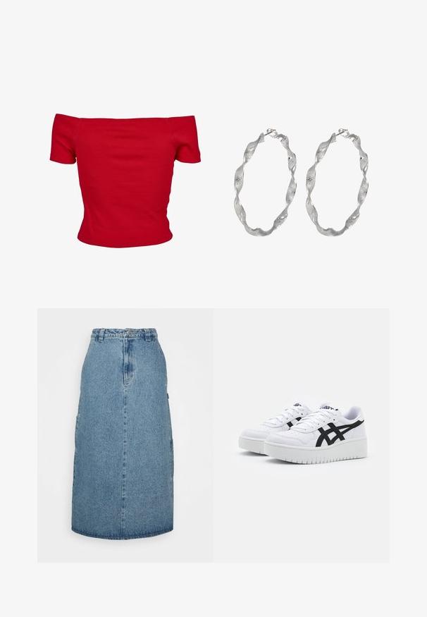Rød off-shoulder top lavet af ribbet stof, med korte ærmer og tætsiddende design. Glat tekstur, ensfarvet uden mønstre.; Obey Clothing JUNIPER MIDI SKIRT - A-snit nederdel - stonewash indigo; Hvide sneakers med en struktureret overflade, sorte sidestrek og en tyk hvid sål. Har snørebåndsdesign og logo på tungen.; Sølv hoop øreringe med et snoet design, der har en tekstureret overflade og en sikker lås. Letvægts og reflekterende med en glat finish.