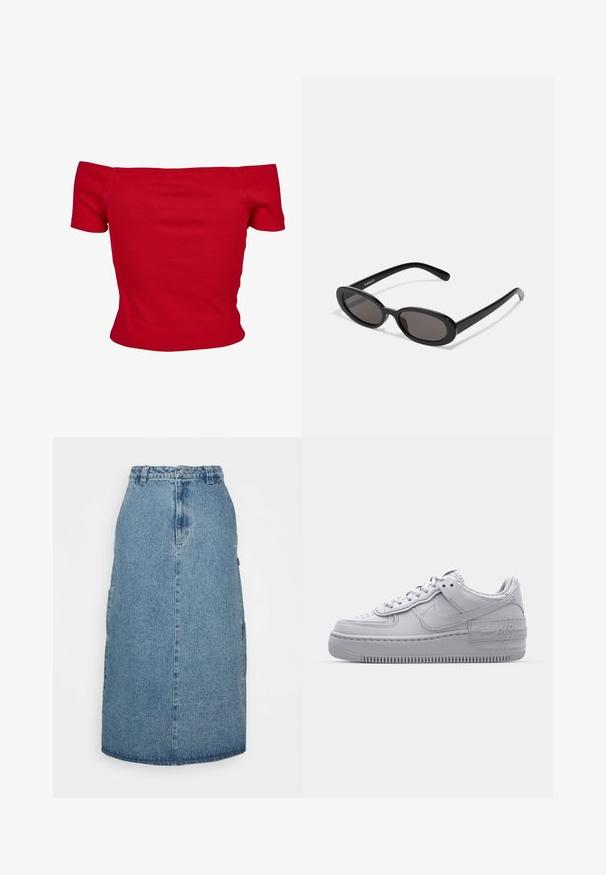 Haut rouge à épaules dénudées en tissu côtelé, avec des manches courtes et une coupe ajustée. Texture lisse, couleur unie sans motifs.; Obey Clothing JUNIPER MIDI SKIRT - Jupe trapèze - stonewash indigo; Basket en cuir lisse gris Nike Air Force 1 avec un bout perforé, une semelle épaisse et un détail 'AIR' en relief sur le talon.; Even&Odd Lunettes de soleil - black