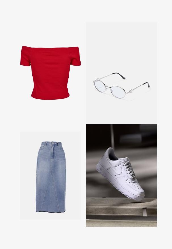 Rode off-shoulder top gemaakt van ribbelstof, met korte mouwen en een getailleerd ontwerp. Gladde textuur, effen kleur zonder patronen.; Denim midi-rok in lichtblauw, met een hoge taille, voornaadnaden en een ongelijkmatig zoom met ruwe randen voor een getextureerde afwerking.; Witte Nike Air Force 1 sneaker die zweeft boven een betonnen oppervlak met schaduwen in een minimalistische setting.; Zilveren metalen ovale bril met heldere glazen, voorzien van decoratieve zijkanten en zwarte uiteinden op de pootjes voor extra grip en comfort.