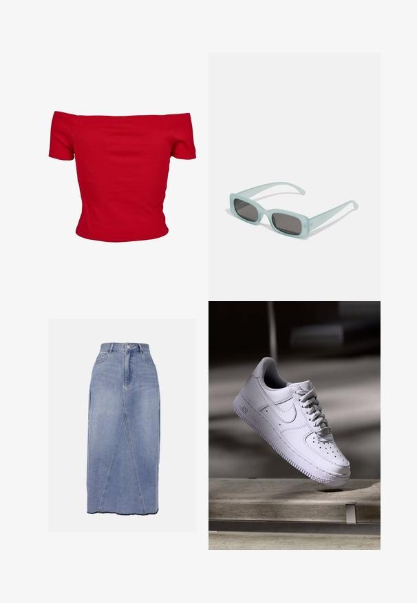Rød off-shoulder top lavet af ribbet stof, med korte ærmer og tætsiddende design. Glat tekstur, ensfarvet uden mønstre.; Denim midi nederdel i lys blå, med høj talje, frontsømmene og en ujævn kant med rå kanter for et struktureret finish.; Hvid Nike Air Force 1 sneaker svævende over en betonoverflade med skygger i et minimalistisk miljø.; Et par rektangulære solbriller med lyseblå gennemsigtige stel og mørkegrå linser, der har lige templer og minimale hardware detaljer.