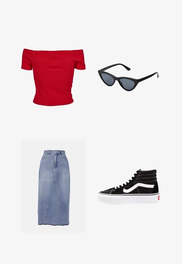 Rode off-shoulder top gemaakt van ribbelstof, met korte mouwen en een getailleerd ontwerp. Gladde textuur, effen kleur zonder patronen.; Denim midi-rok in lichtblauw, met een hoge taille, voornaadnaden en een ongelijkmatig zoom met ruwe randen voor een getextureerde afwerking.; Zwarte high-top sneakers met witte veters, een wit logo en contrasterende witte stiksels. Heeft een dikke witte zool en een bovenwerk van gestructureerd suede.; Zwarte cat-eye zonnebril met donkergrijze lenzen, slank plastic frame, puntige hoeken en rechte pootjes. Geen zichtbare hardware of accenten.