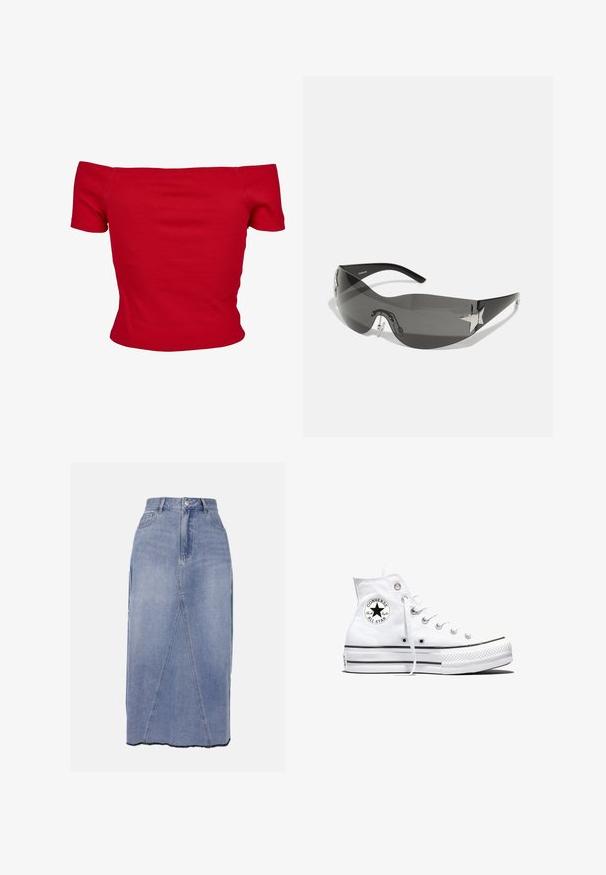 Rode off-shoulder top gemaakt van ribbelstof, met korte mouwen en een getailleerd ontwerp. Gladde textuur, effen kleur zonder patronen.; Denim midi-rok in lichtblauw, met een hoge taille, voornaadnaden en een ongelijkmatig zoom met ruwe randen voor een getextureerde afwerking.; Witte hoge Converse Chuck Taylor All Star sneaker met zwart logopatch en witte veters, weergegeven op een witte achtergrond.; Zwarte zonnebril met een wrap-around ontwerp, donkergetinte glazen, glanzende stervormige accenten en verstelbare neussteunen.