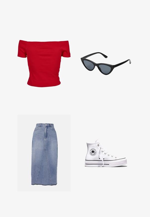 Rode off-shoulder top gemaakt van ribbelstof, met korte mouwen en een getailleerd ontwerp. Gladde textuur, effen kleur zonder patronen.; Denim midi-rok in lichtblauw, met een hoge taille, voornaadnaden en een ongelijkmatig zoom met ruwe randen voor een getextureerde afwerking.; Witte Converse Chuck Taylor All Star sneaker met hoge schacht, zwarte strepen en logo-patch aan de zijkant, weergegeven tegen een effen witte achtergrond.; Zwarte cat-eye zonnebril met donkergrijze lenzen, slank plastic frame, puntige hoeken en rechte pootjes. Geen zichtbare hardware of accenten.