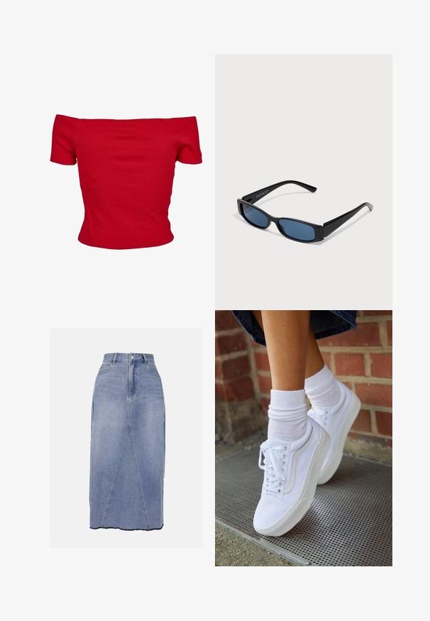 Haut rouge à épaules dénudées en tissu côtelé, avec des manches courtes et une coupe ajustée. Texture lisse, couleur unie sans motifs.; Jupe midi en denim bleu clair, dotée d'une taille haute, de coutures frontales et d'un ourlet irrégulier avec des bords bruts pour une finition texturée.; Baskets en toile blanches avec semelles en caoutchouc, dotées de six œillets, d'un bout rond et de détails de couture légers, portées avec des chaussettes blanches mi-mollet.; Lunettes de soleil noires avec une monture rectangulaire élégante et des verres bleus. Présente une texture lisse et des branches robustes. Logo de la marque sur le côté.