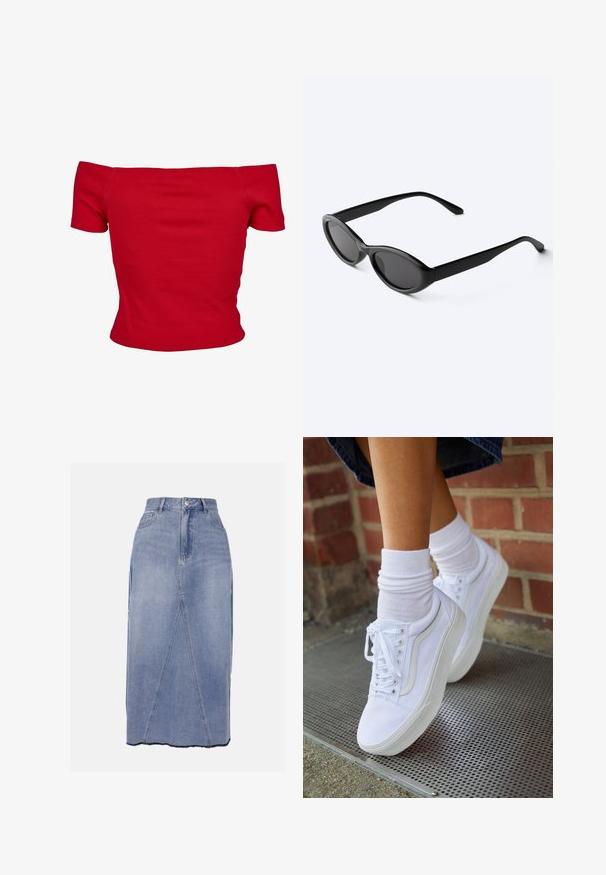 Rode off-shoulder top gemaakt van ribbelstof, met korte mouwen en een getailleerd ontwerp. Gladde textuur, effen kleur zonder patronen.; Denim midi-rok in lichtblauw, met een hoge taille, voornaadnaden en een ongelijkmatig zoom met ruwe randen voor een getextureerde afwerking.; Witte canvas sneakers met rubberen zolen, voorzien van zes vetertjes, een ronde neus en lichte stikdetails, gecombineerd met witte enkelsokken.; Strakke zwarte ovale zonnebril met donkere glazen en rechte pootjes, rustend op een wit oppervlak.