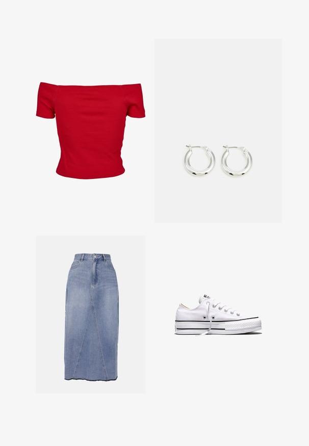 Rød off-shoulder top lavet af ribbet stof, med korte ærmer og tætsiddende design. Glat tekstur, ensfarvet uden mønstre.; Denim midi nederdel i lys blå, med høj talje, frontsømmene og en ujævn kant med rå kanter for et struktureret finish.; Hvid lavtop lærredssneakers med hvide snørebånd, sorte striber på sålen og gummieret tekstureret tåhætte, sidevendt på hvid baggrund.; Sølv hoop-øreringe med en poleret finish, der har en cirkulær form og en hængslet lukning. Glat tekstur med minimal detaljering.